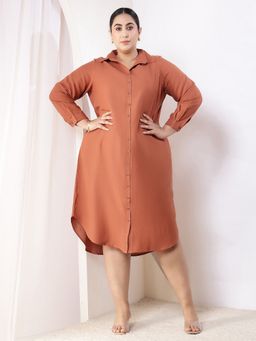 Amydus - Plus Size Mocha Brown Cotton Linen Midi Shirt Dress