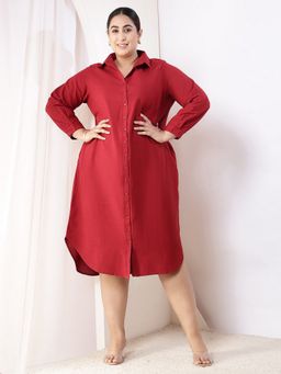 Amydus - Plus Size Maroon Cotton Linen Midi Shirt Dress