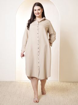 Amydus - Plus Size Beige Cotton Linen Midi Shirt Dress