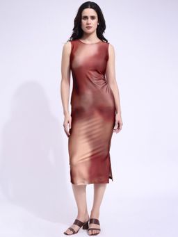 PURVAJA - Women Tie and Dye Printed Brown Midi Dress