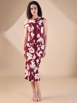 PURVAJA - Women Floral Printed Maroon Midi Dress