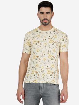 JadeBlue - Men 100% Cotton Printed Cream Slim Fit Half Sleeve T-Shirt