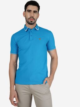 JadeBlue - Men 100% Cotton Solid Methyl Blue Slim Fit Half Sleeve Polo T-Shirt