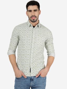 Greenfibre - Men 100% Cotton Printed Green Slim Fit Full Sleeve Casual Shirt