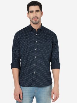 JadeBlue - Men 100% Cotton Printed Navy Blue Slim Fit Full Sleeve Semi Casual Shirt