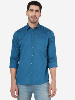 Greenfibre - Men Solid Peacock Blue Regular Fit Full Sleeve Semi Casual Shirt