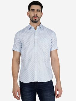 JadeBlue - Men 100% Cotton Printed Blue Slim Fit Half Sleeve Semi Casual Shirt