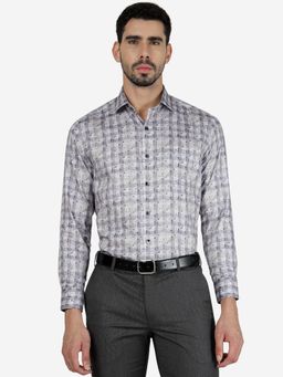 Metal - Men 100% Cotton Printed Grey Slim Fit Full Sleeve Formal Shirt