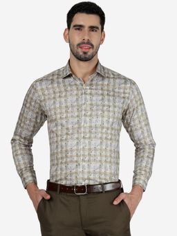 Metal - Men 100% Cotton Printed Beige Slim Fit Full Sleeve Formal Shirt