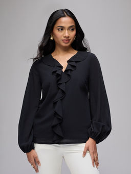 Twenty Dresses by Nykaa Fashion - Black Chiffon V-Neck Full Balloon Sleeves Ruffle Detail Top