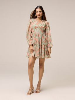 Twenty Dresses by Nykaa Fashion - Green Paisley V-Neck Puff Sleeves Frill Detail Mini Dress