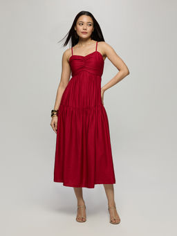 Twenty Dresses by Nykaa Fashion - Red Strappy Centre Front Ruching Fit And Flare Midi Dress