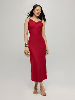 Twenty Dresses by Nykaa Fashion - Red Cowl Neck Strappy Bodycon Midi Dress