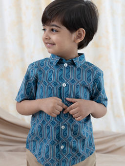TIBER TABER - Blue Printed Regular Fit Shirt