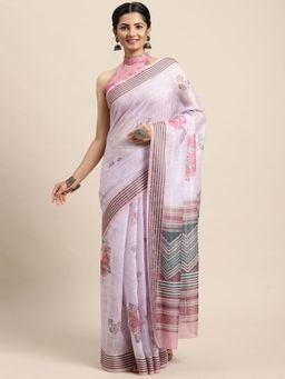 Odette - Womens Soft Silk Lavender Printed Saree with Unstitched Blouse