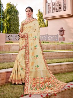 Odette - Cream Weaved Silk Designer Saree with Unstitched Blouse