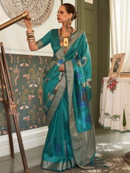 Sareemall - Women's Silk Blend Teal Blue Woven Design Celebrity Saree with Unstitched Blouse