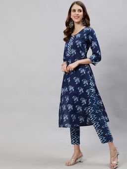 Anubhutee - Women Blue Printed Tiered Kurta With Trousers (set Of 2)