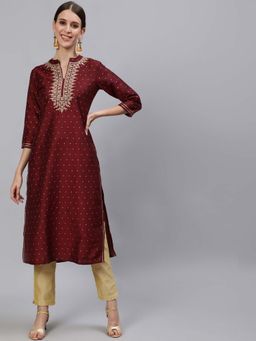 Anubhutee - Women Maroon Gold-toned Ethnic Motifs Chanderi Silk Chanderi Silk Kurta