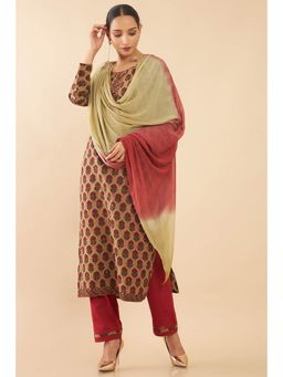 Soch - Women Brown Printed Dress Material (Set of 3)