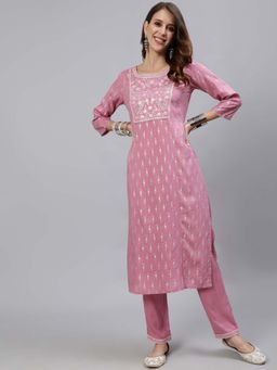 Anubhutee - Mauve Ethnic Motifs Yoke Design Regular Mirror Work Kurta With Trousers (set Of 2)