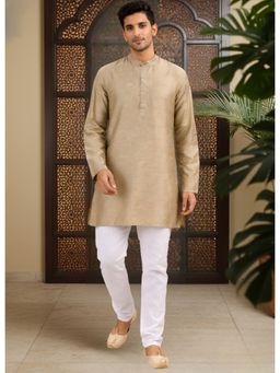 TATTVA - Khaki Men Solid Pure Cotton Mandarin Collar Short Kurta