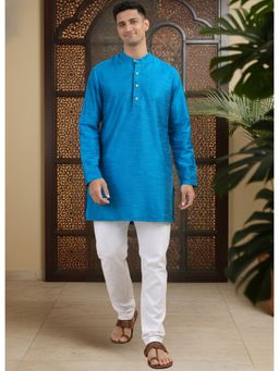 TATTVA - Men Blue Solid Pure Cotton Mandarin Collar Short Kurta