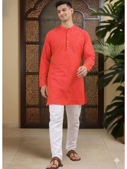 TATTVA - Coral Men Solid Pure Cotton Mandarin Collar Short Kurta