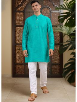 TATTVA - Turquoise Men Solid Pure Cotton Mandarin Collar Short Kurta