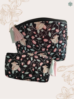 Maatir - Black Pichwai Art Print Black Waterproof Travel Cosmetic Toiletry Pouches (Set of 2)