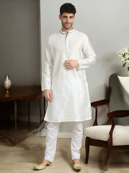 TATTVA - Self Design White Mandarin Collar Straight Kurta With Pant (Set of 2)