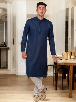 TATTVA - Stripe Design Pure Cotton Navy Blue Straight Kurta With Bottom (Set of 2)