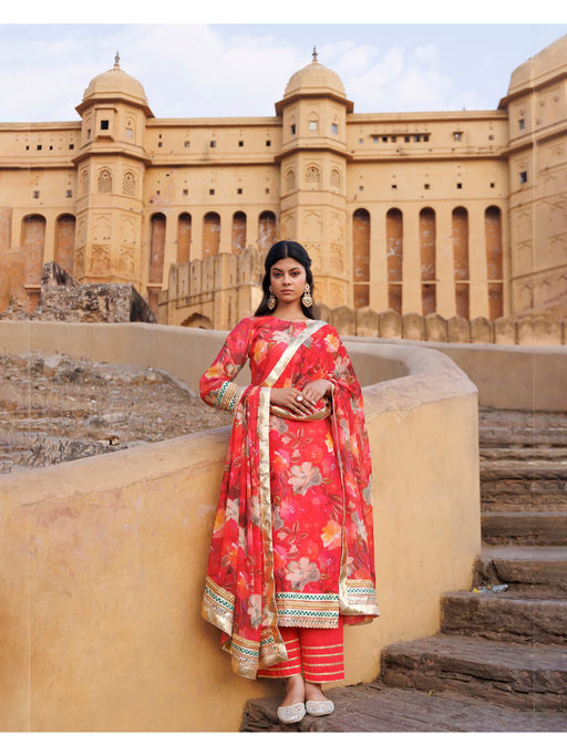 Bannhi by Priyanka Rathore Women'S Coral Floral Printed Chanderi Kurta with Pant and Dupatta