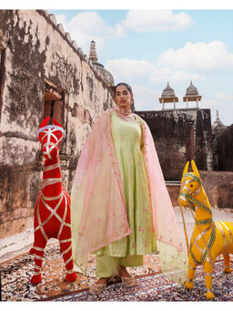 Bannhi by Priyanka Rathore - Women'S Pastel Green Chanderi Anarkali Kurta with Pant and Dupatta