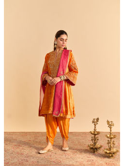 Sheetal Batra - Eira - Silk Velvet Orange A-Line Kurta with Dhoti and heavy Dupatta
