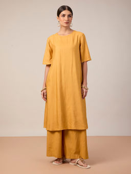 House of Mantra - Mantra Women Yellow Silk Blend Solid Kurta with Palazzo