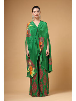 Gazab By Miku Kumar - Women Green Silk Floral Kaftan with Pant