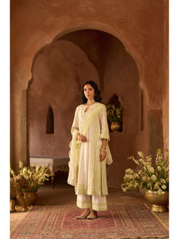 Sheetal Batra - Nurvi Daisy Ivory with Mint Green Long A-Line Kurta with Palazzo & Dupatta