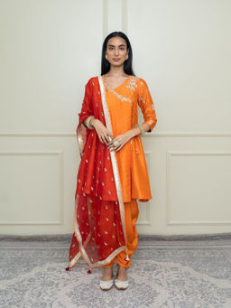 Sheetal Batra - Shafira Pumpkin Burnt Orange Tilla Angrakha Kurta with Dhoti & Dupatta