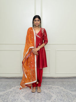 Sheetal Batra - Shafira-Scarlet Red Tilla Embroidered Angrakha Kurta with Pant and Dupatta