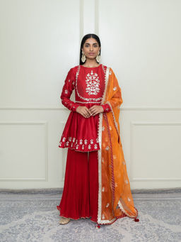 Sheetal Batra - Shahana-Scarlet Red Georgette Kurta with Gharara and Dupatta