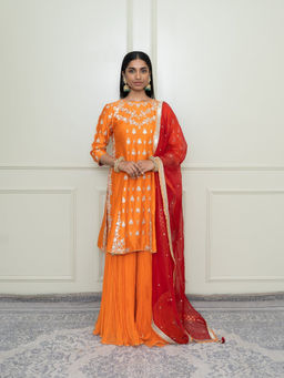 Sheetal Batra - Shahira-Pumpkin Burnt Orange Tilla Embroidered Kurta with Pant and Dupatta