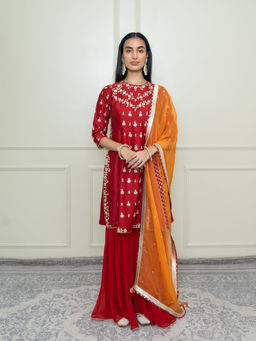Sheetal Batra - Shahira- Scarlet Red Georgette Kurta with Gharara and Dupatta
