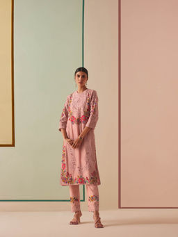 CHANDRIMA - Pink Chanderi Floral Bead Work Kurta with Pant (Set of 2)