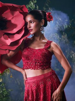 CHANDRIMA - Red Chanderi Floral Sleeveless Sweetheart Bead Work Crop Top