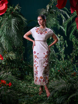 CHANDRIMA - Ivory Chanderi Floral Half Sleeves Round Neck Bead Work Maxi Dress