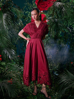 CHANDRIMA - Wine Chanderi Floral Flared Sleeves V-Neck Embroidered Maxi Dress