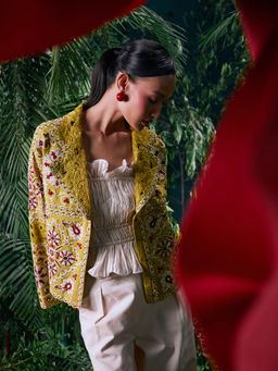 CHANDRIMA - Yellow Cotton Embroidered Full Sleeves Notched Lapel Bead Work Jacket