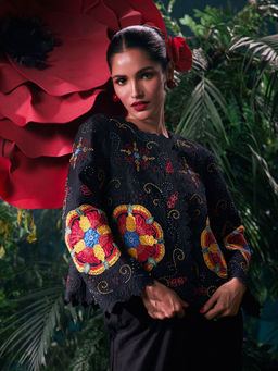 CHANDRIMA - Black Chanderi Floral Full Sleeves Round Neck Bead Work Jacket
