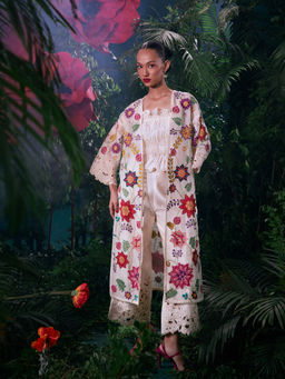 CHANDRIMA - Ivory Organza Floral Three Fourth Sleeves Bead Work Jacket